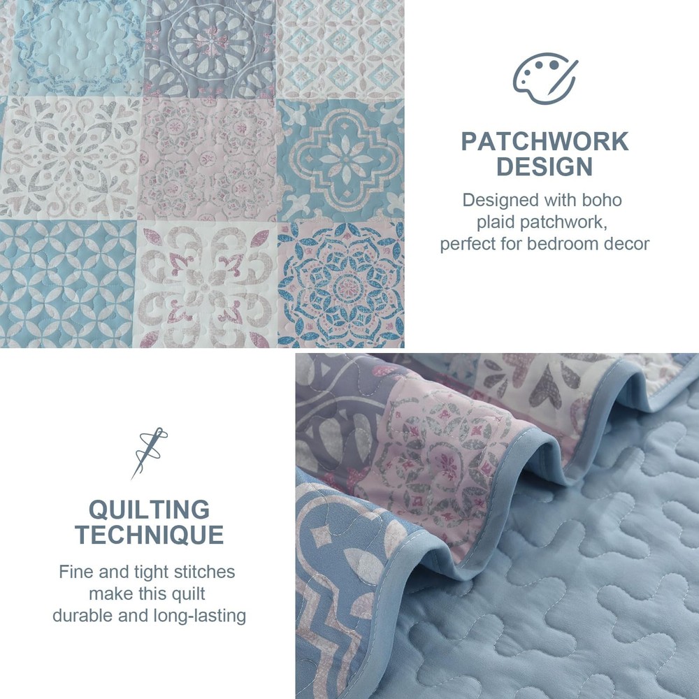 Dobuyly Quilt Set King Size, Light Blue/Pink Patchwork King, Blue