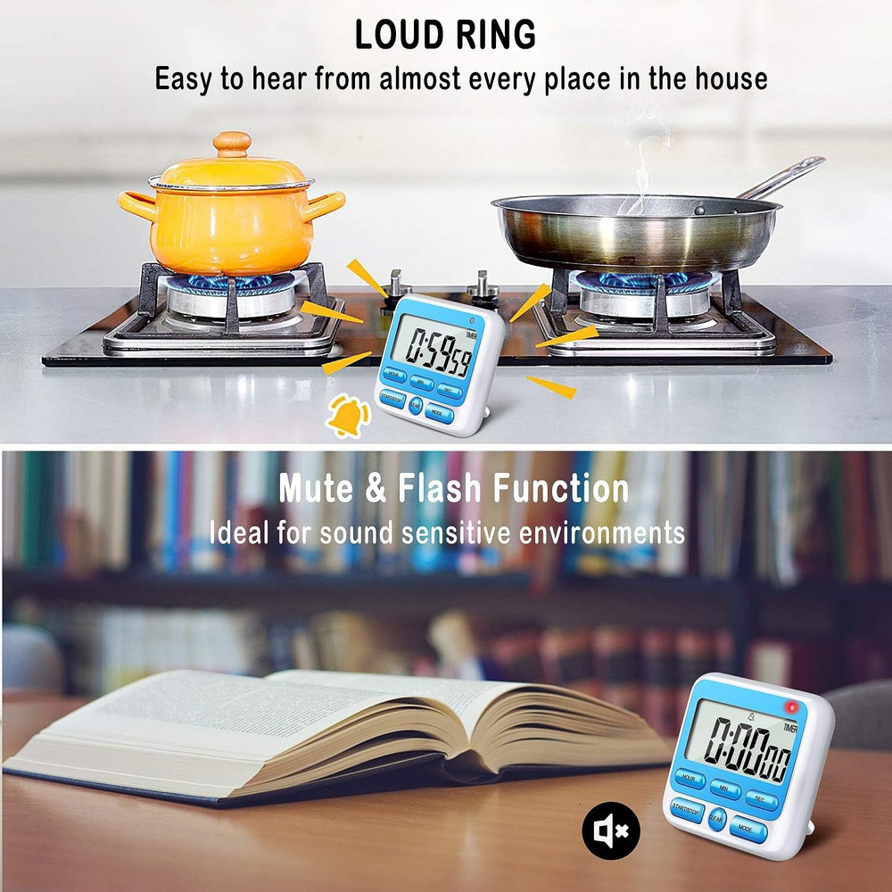 Digital Kitchen Timer with Mute/Loud Alarm Switch On/Off Switch, 12-Hour Clock &