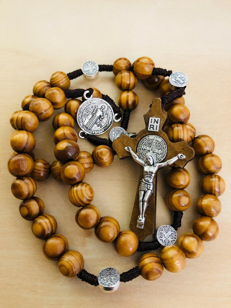 Saint Benedict Wooden Beads Rosary with INRI Crucifix & Medal Catholic Prayer 4x
