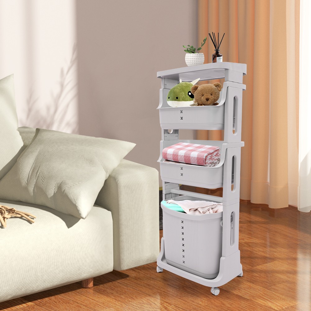 Plastic Laundry Hamper Basket Clothes Storage Organizer Shelf Rolling Cart