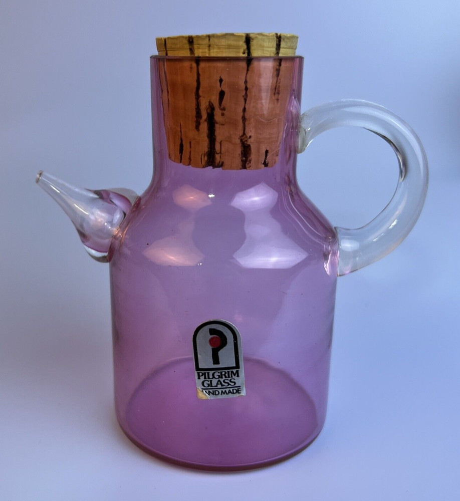 Pilgrim Glass Blown Glass Mini Pitcher ~ Cranberry with Clear Handle