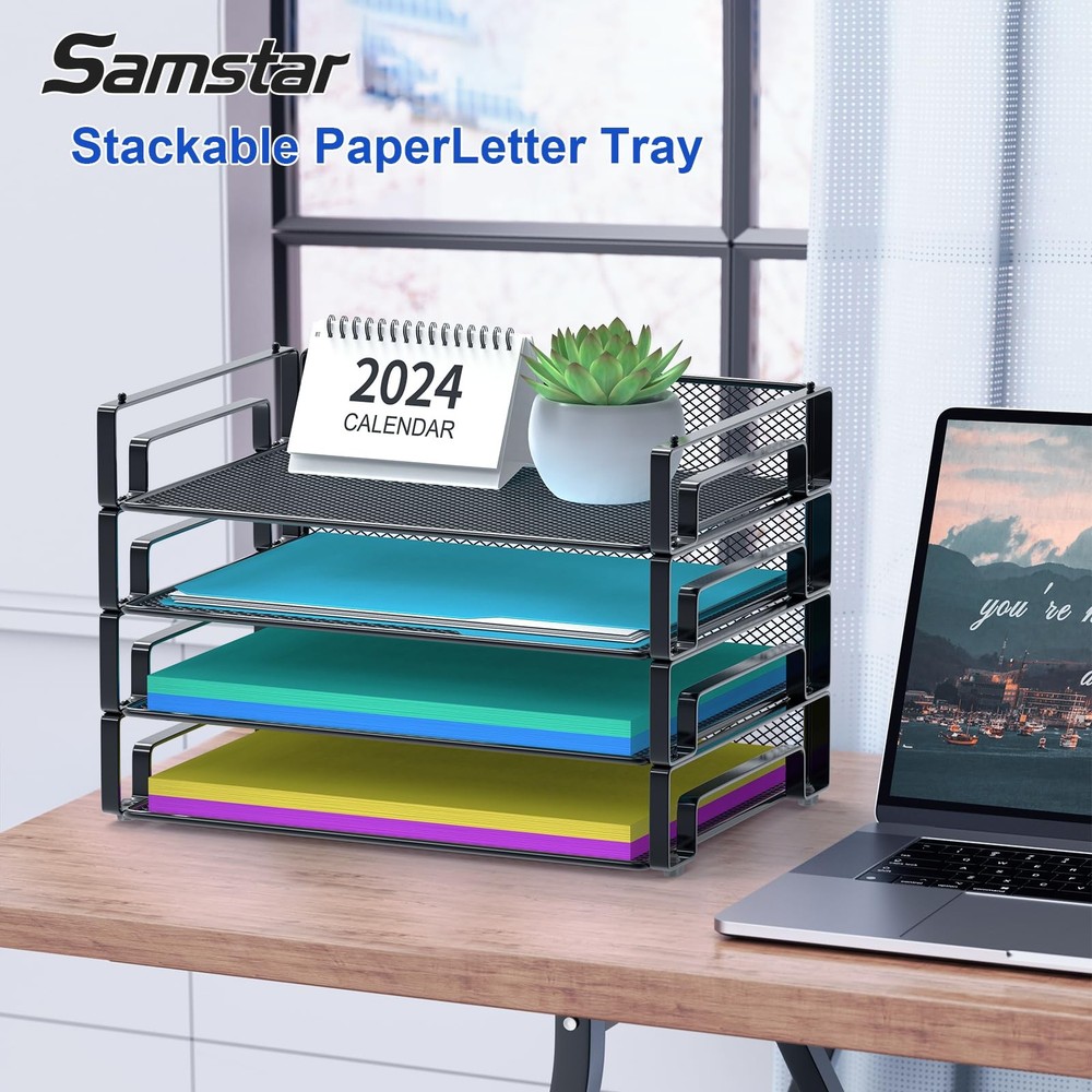 Samstar 4 Pack Stackable Letter Paper Tray, Desk File Organizer Paper Sorter for