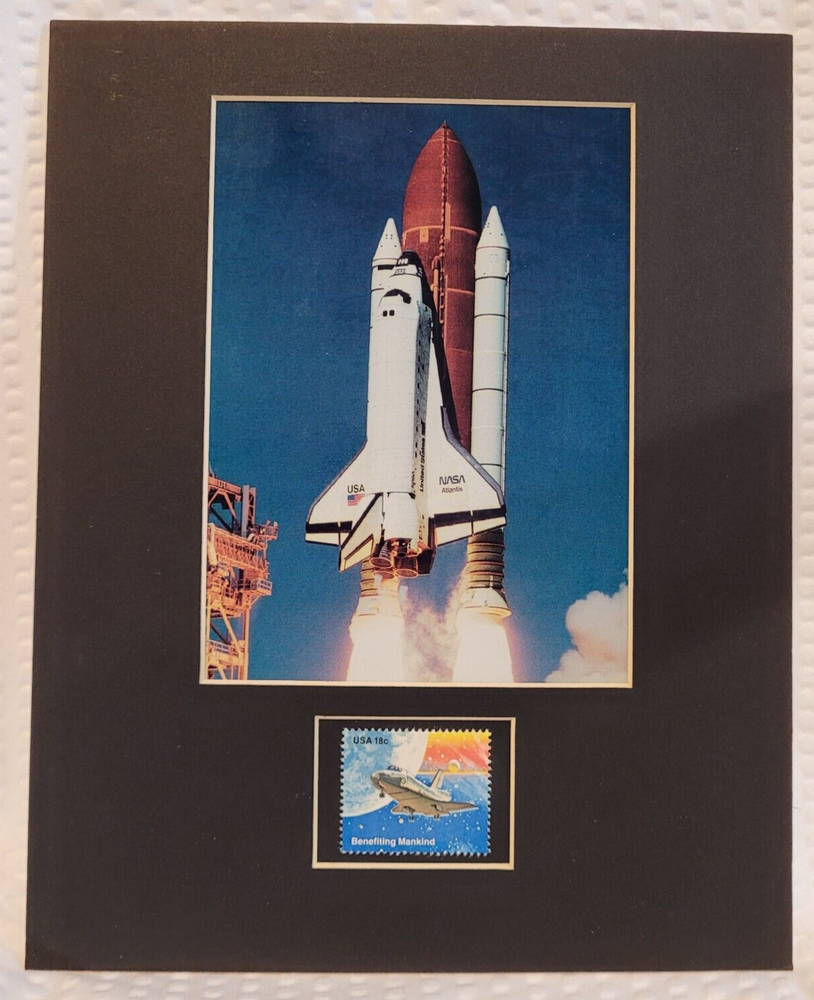 SPACE SHUTTLE ATLANTIS LIFTOFF - FRAMEABLE MATTED STAMP ART - 1409