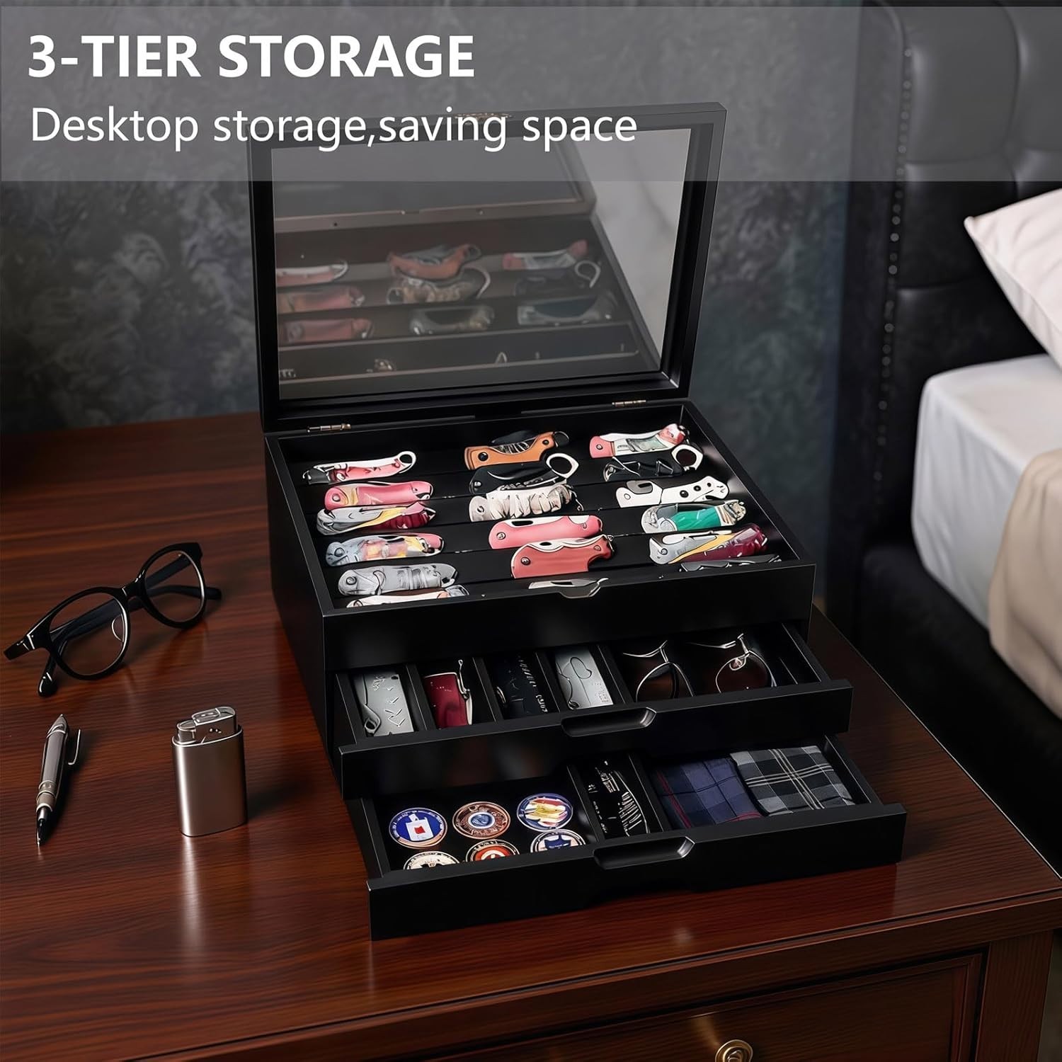 Knife Display Case 43+ Wood Black EDC Pocket Knives Watch Organizer Storage Box
