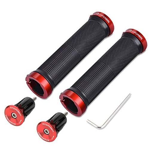 Double Lock Bicycle Handlebar Grips - (Aluminum lock plug+Grips) Red 1 Pair