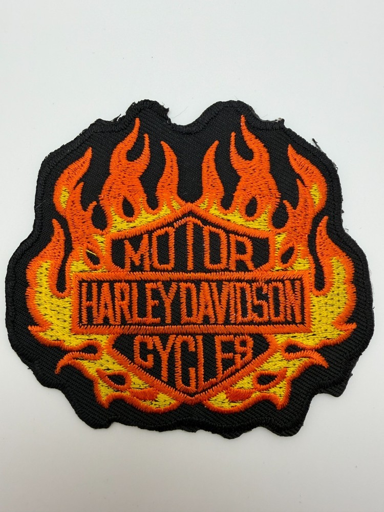 Harley-Davidson Cycles Biker Patch Black Orange Flames Shield Symbol Iron On