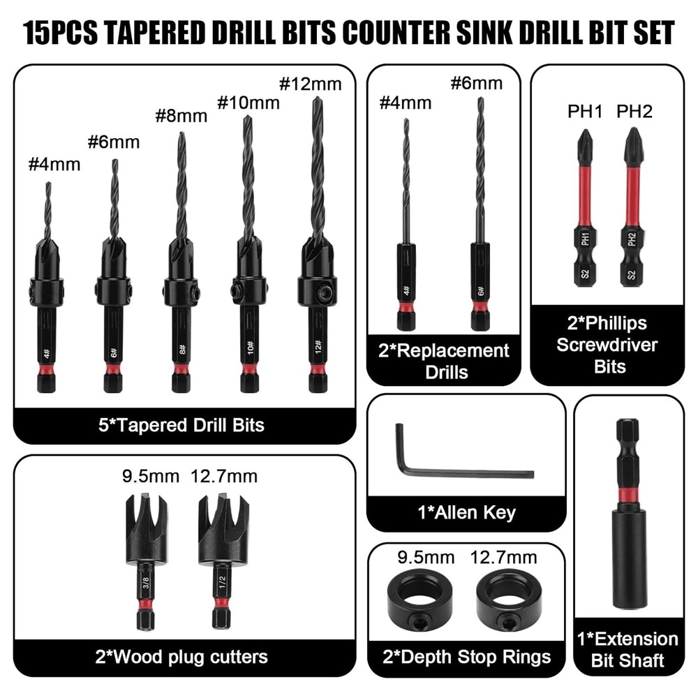 Countersink Drill Bit Set 15 PCS Tapered Drill Bits Counter Sink Drill Bit