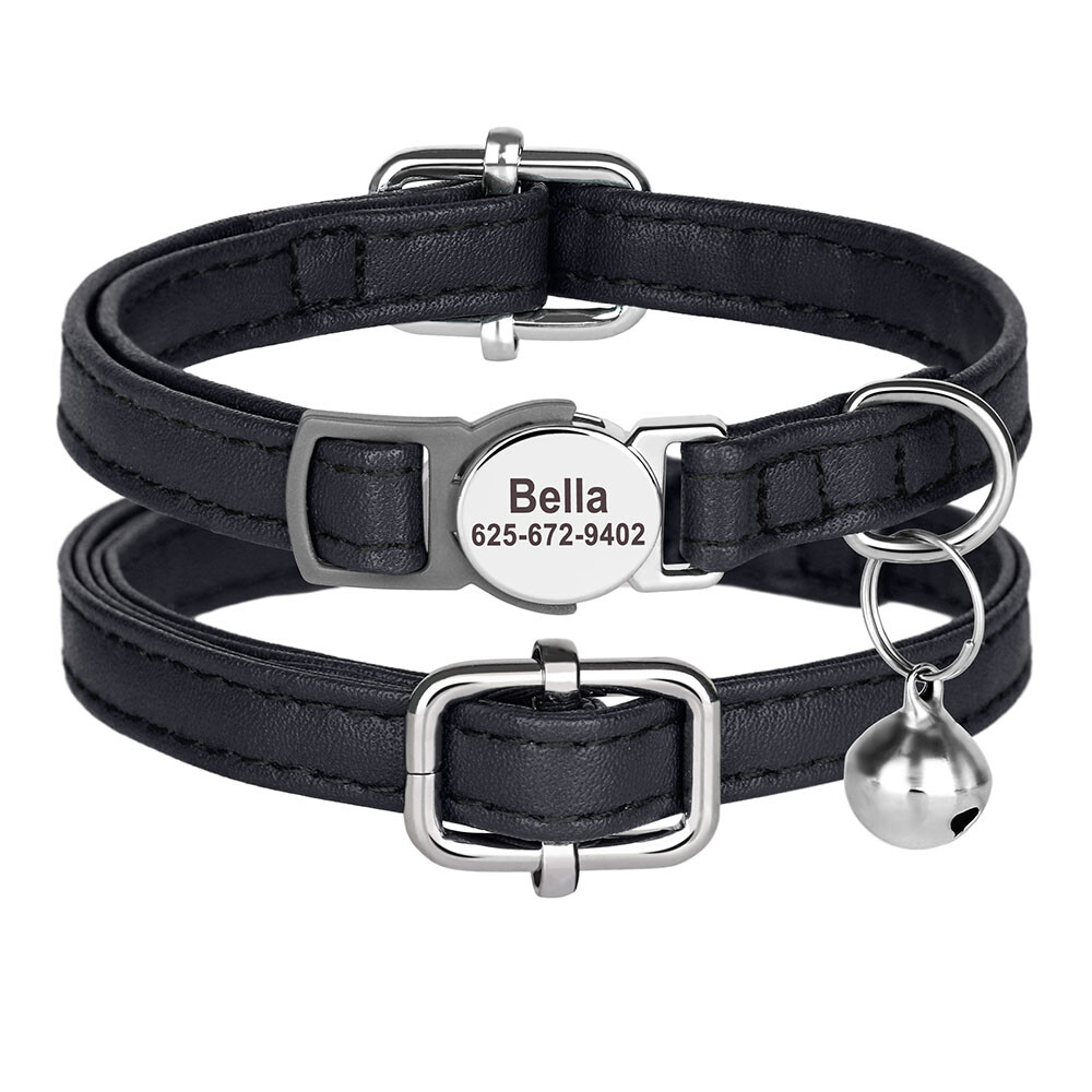 Personalized Cat Collar Puppy Kitten Engraved Name Tag Soft Leather Adjustable