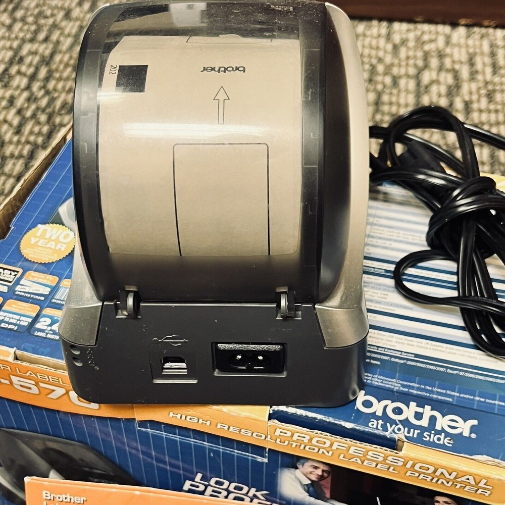 Brother QL-570 Label Printer w/ Extra Labels, Cords, USB Cable & Box - WORKS