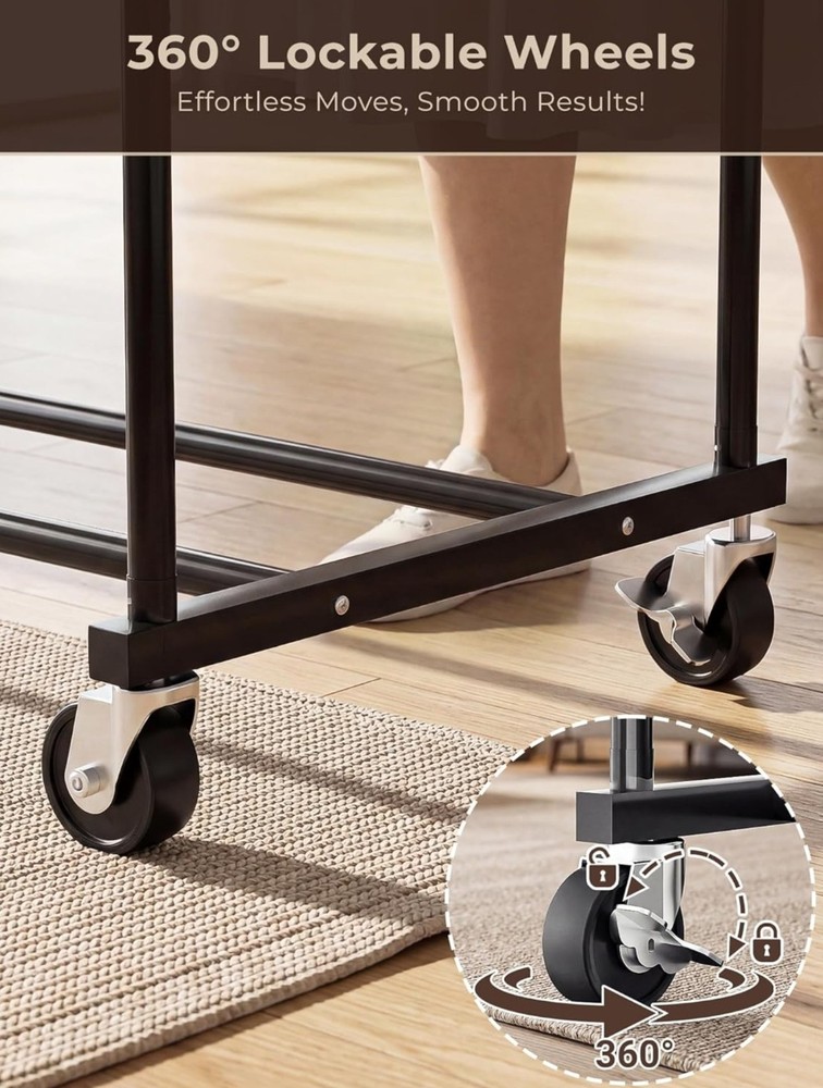 Portable Rolling Clothing Rack with Double Rods for Hanging Clothes