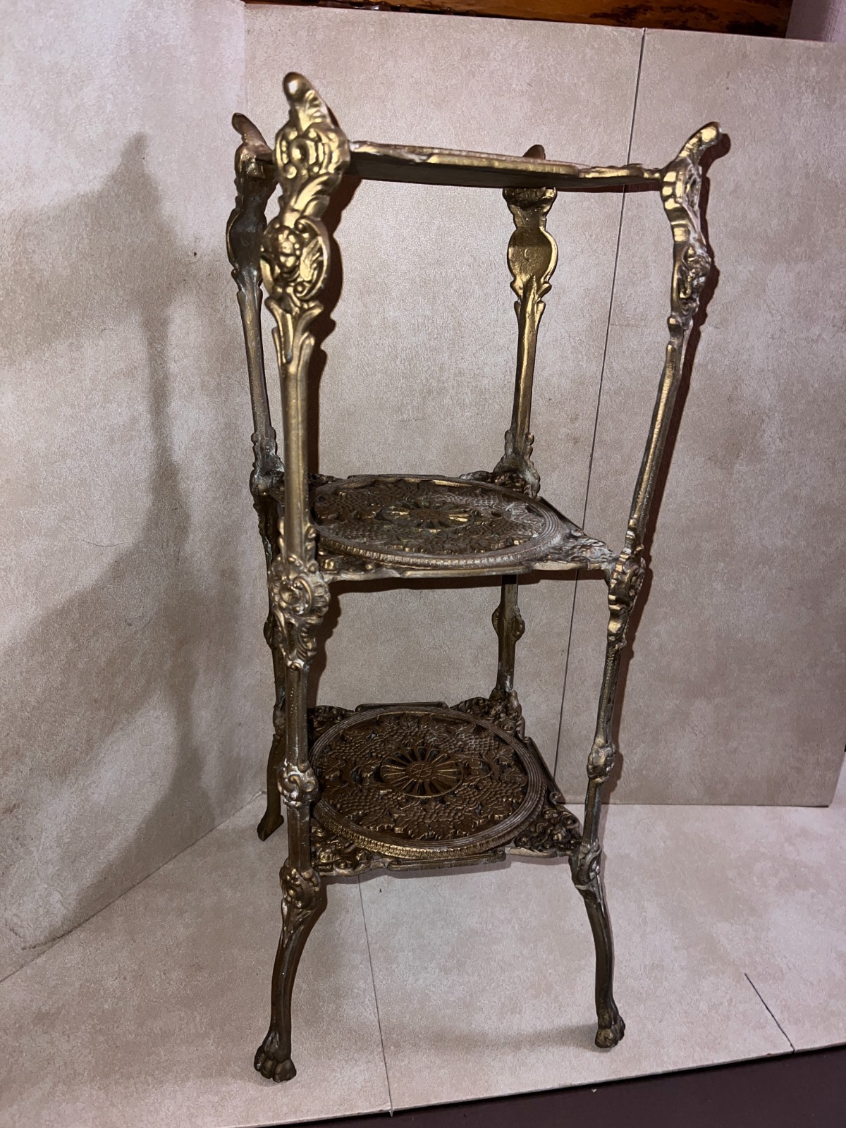 RARE 1950s Italian BRASS Filigree 3-Tier Plant Stand, Handmade Ornate, Claw Feet