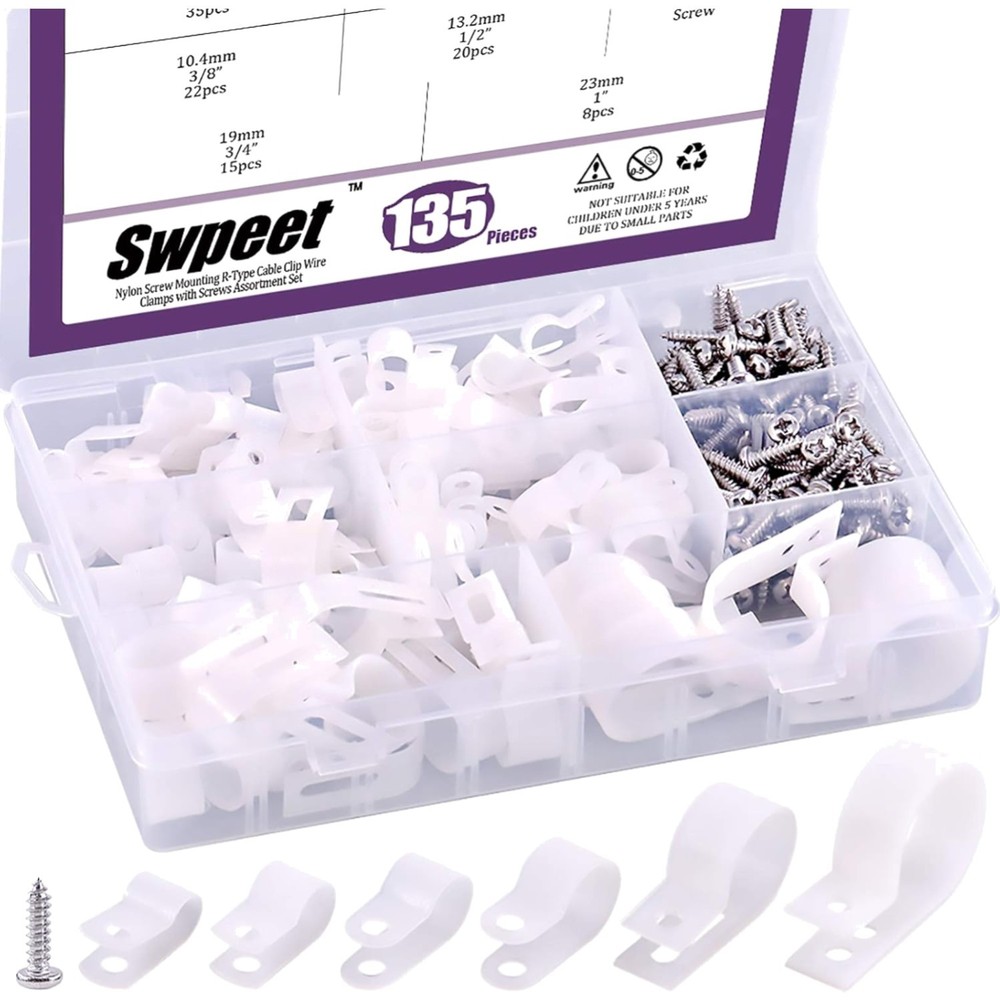 135 Pack 6 Sizes White Nylon Plastic R-Type Cable Clips Clamp Assortment Kit,...