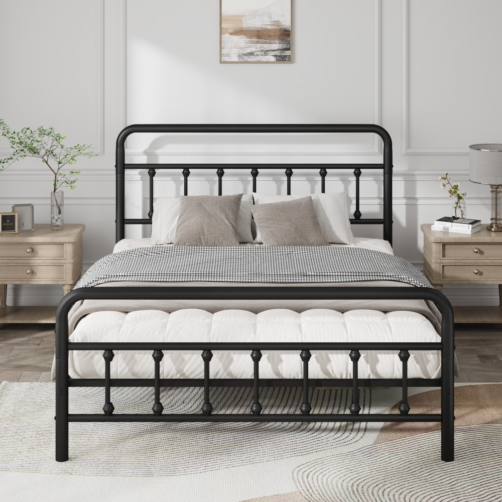 Full Metal Bed Frame w/ Headboard, Sturdy Structure & Storage, Black