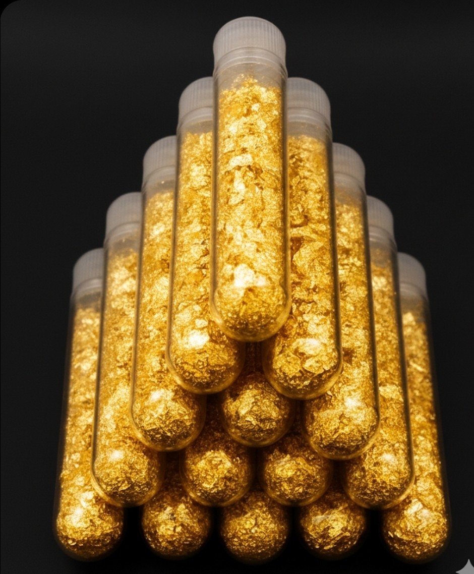 ​Lot of 100 Gold Flake Vials - 24K Gilded Leaf Flakes, 5ml Jars, Bulk Vials .999