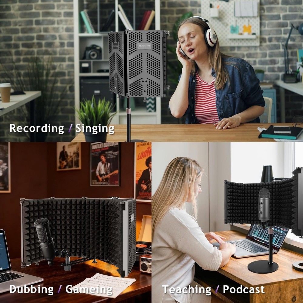 Microphone Isolation Shield, 5 Panels Sound Proof Mic Shield with Mic Stand, ...