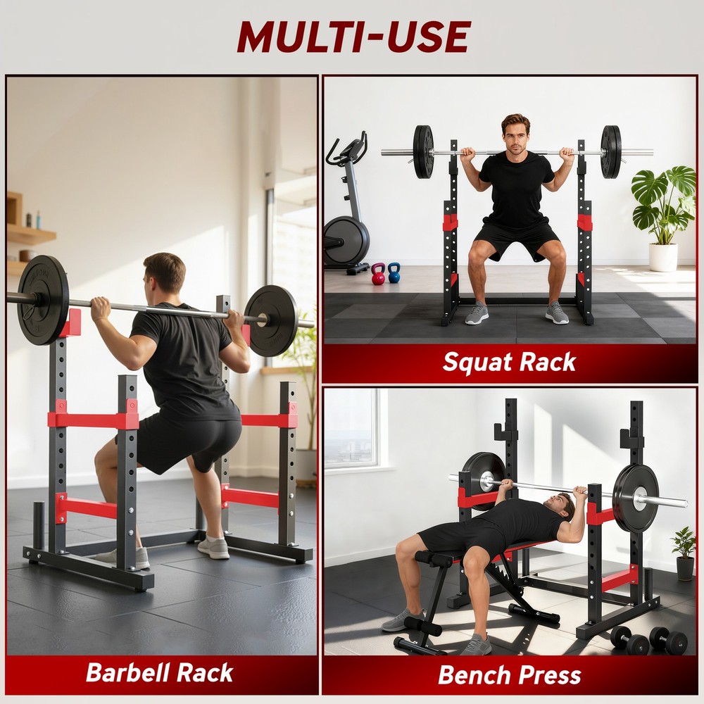 Squat & Bench Press Rack, Adjustable Hooks, 660LB Capacity w/ Plate Holders