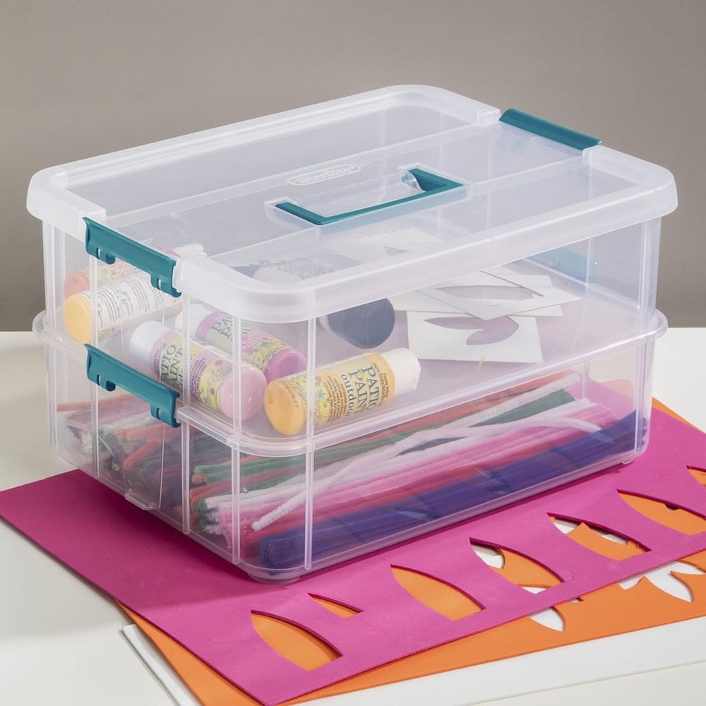 1427CLR Stack & Carry - 2 Layer Box, Clear Lid & Blue Handle, See-through layers