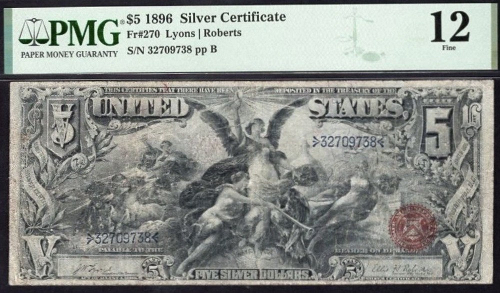 1896 $5 🇺🇸 Magnificent (( Silver Certificate ))(( Educational Note )) PMG 12