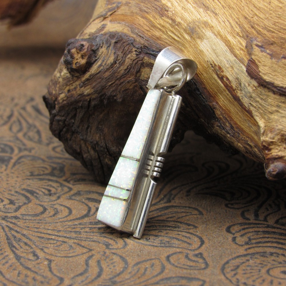 *Simple White Lab Created Opal Sterling Silver Inlay Pendant