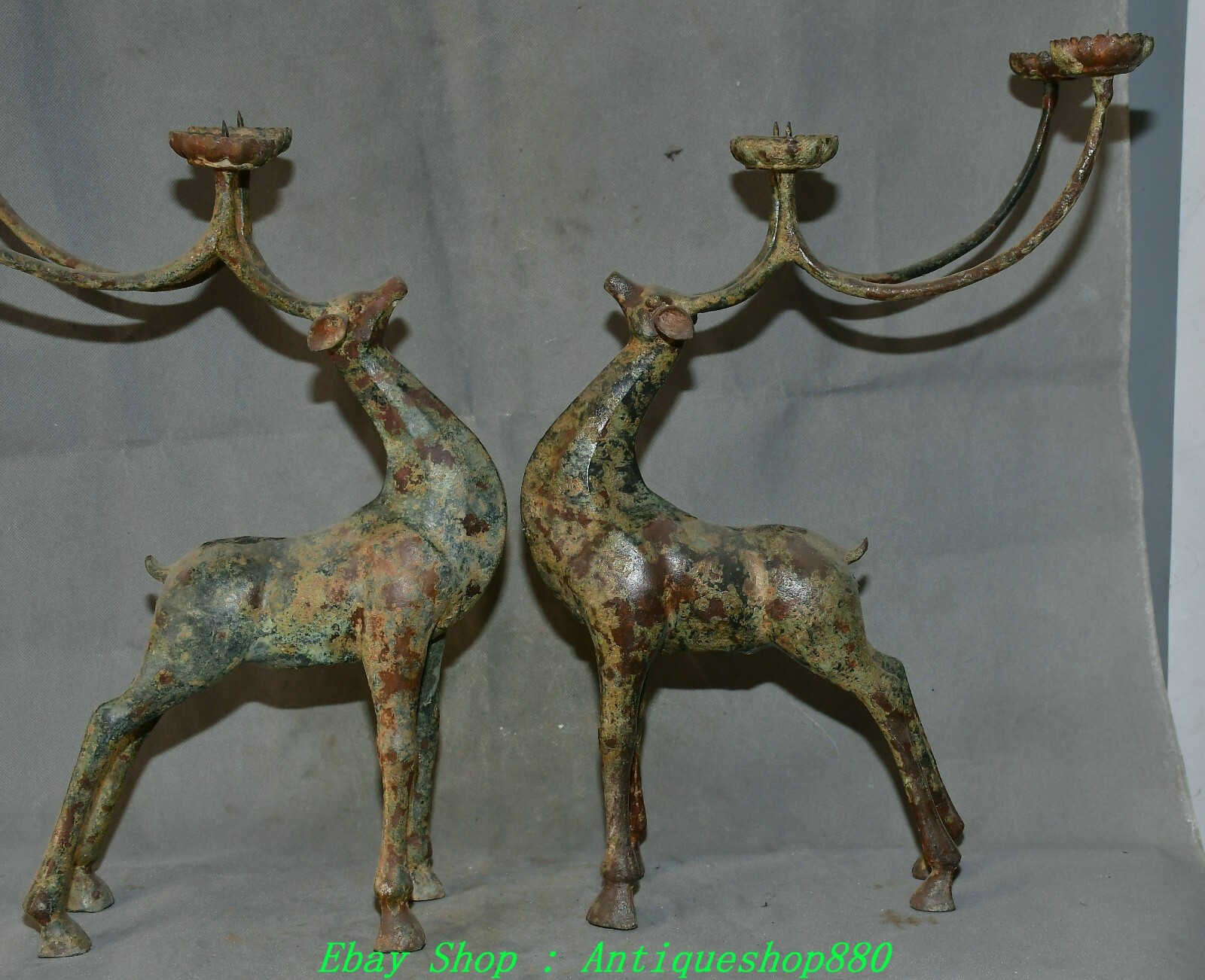 20.8'' Old China Dynasty Bronze Ware Deer Candle Holder Candlestick Statue Pair