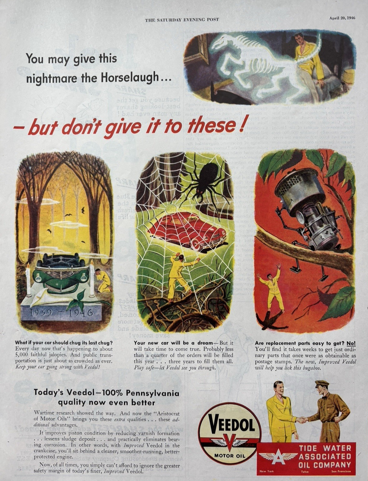 1946 Tide Water Associated Oil Company Veedol Nightmare Horselaugh VTG Print Ad