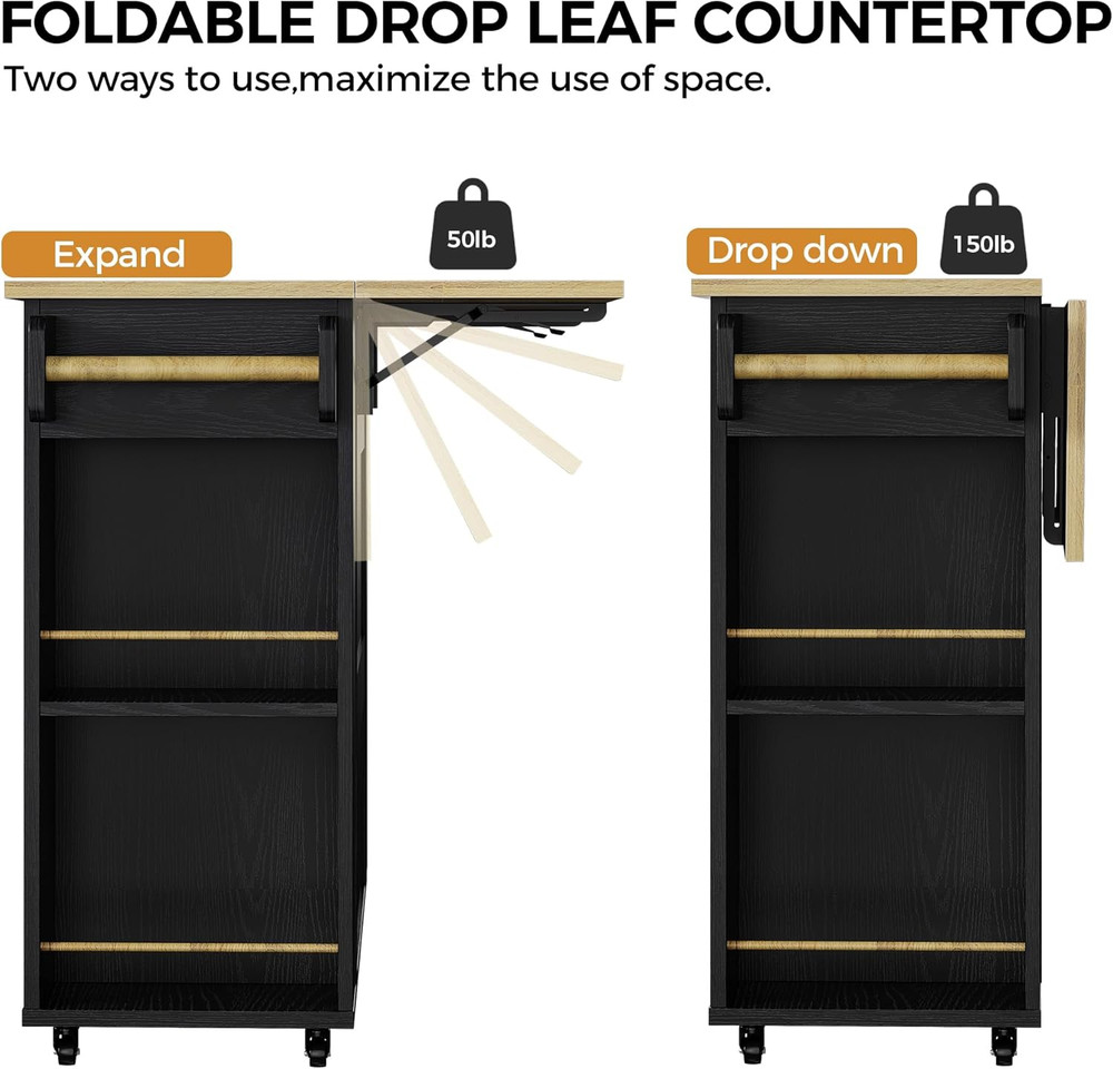 Rolling Kitchen Island Cart with Drop Leaf, Storage Drawer & Towel Rack