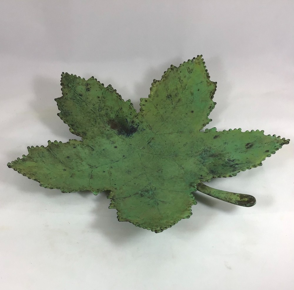Aged Solid Copper Leaf Tray/Dish; Hand Cut, Shaped, Etched; Footed; 15 X 15X 3.