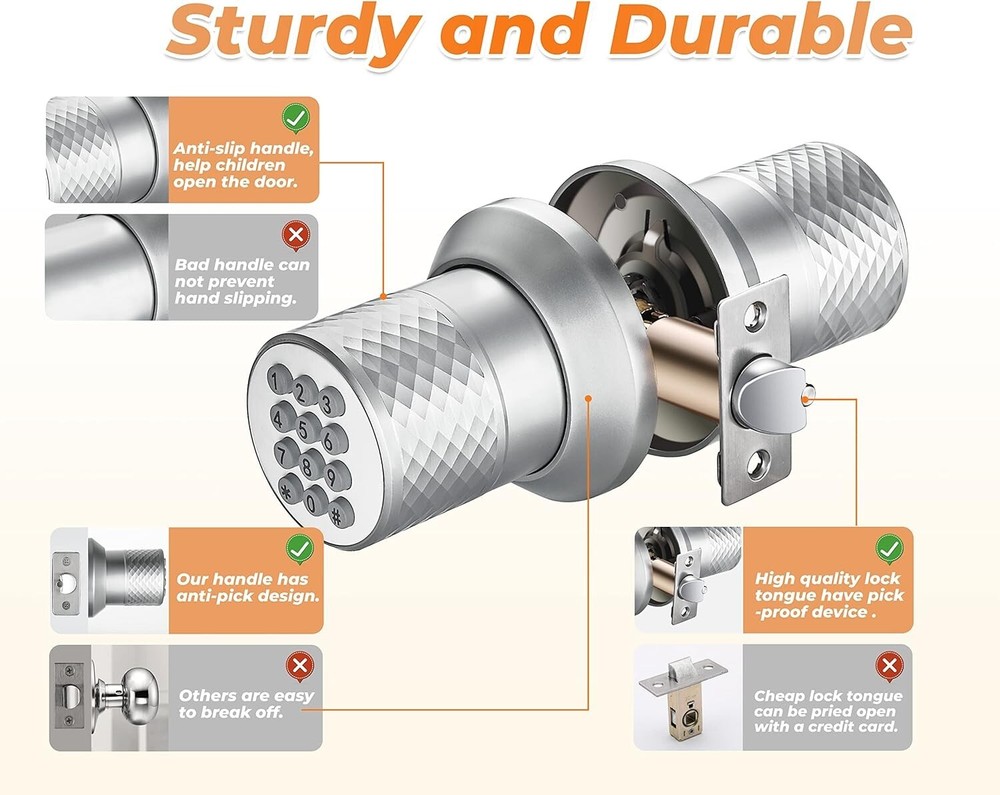 Electronic Keypad Door Knob, Smart Keyless Entry Door Knobs, Code, Anti-Slip