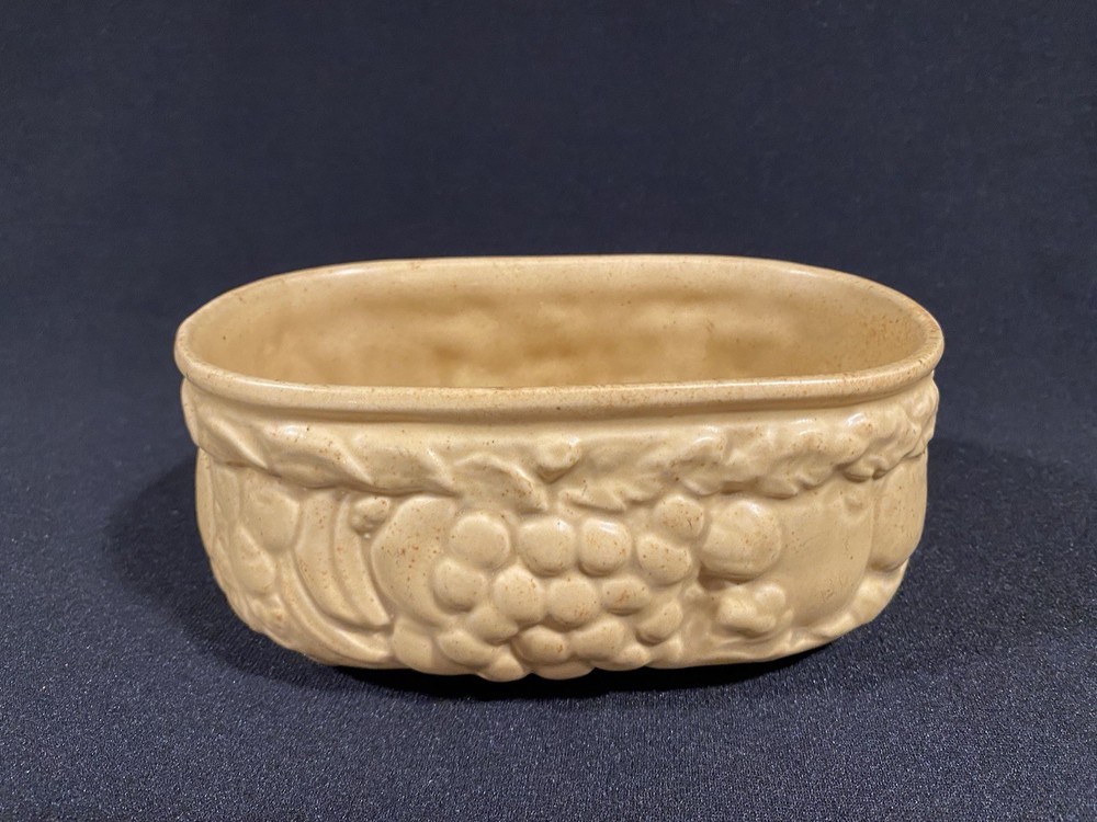 Vintage Speckled Mustard Yellow Ceramic Planter Rounded Rectangle Embossed Fruit