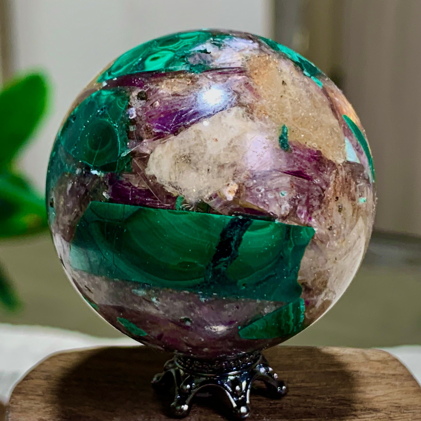 102G Newly discovered rare malachite purple mica symbiotic sphere restoration