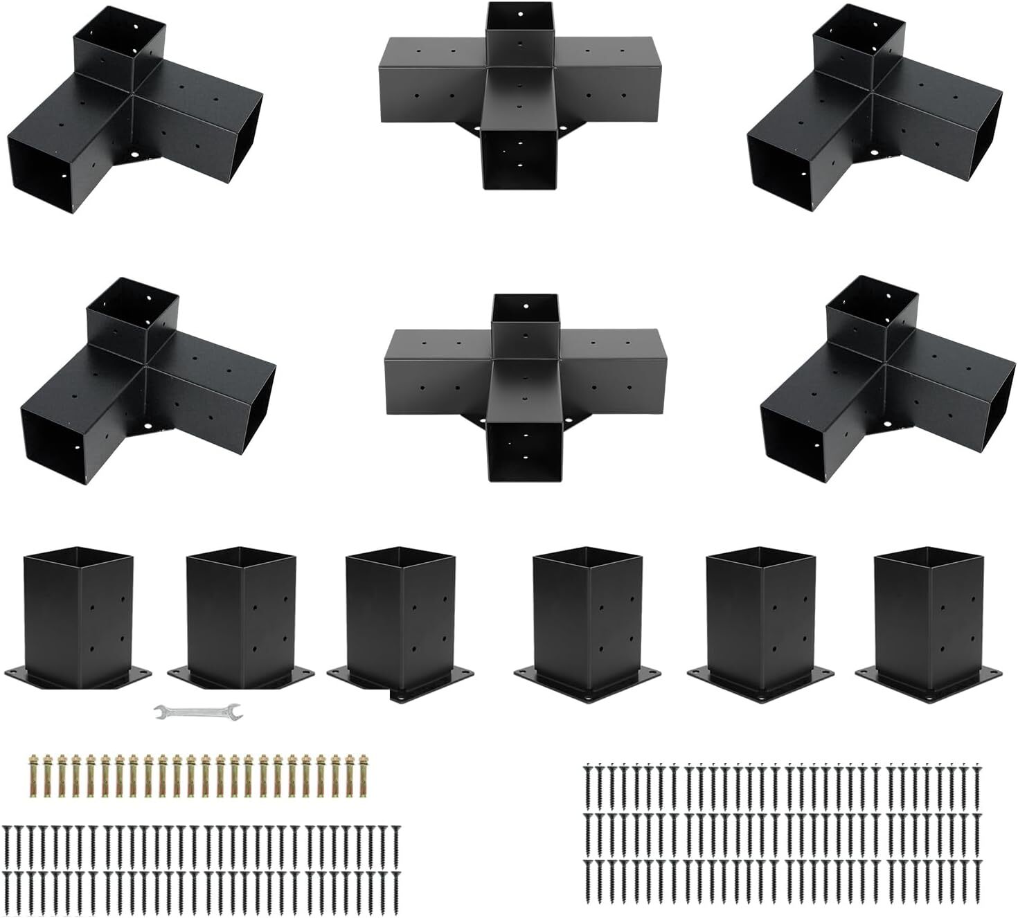 4x4 Pergola Bracket Kit 3.5x3.5 Inner, 3- & 4-Way Brackets with Bases Black
