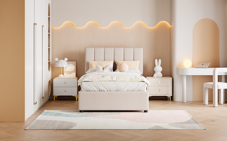 Twin Size Upholstered Platform Bed with a Hydraulic Storage System, Beige