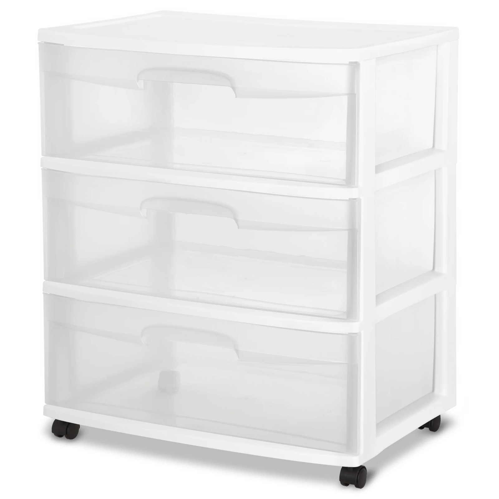 3 Drawer Wide Cart, Clear Plastic Storage Drawers, Wheels Included, White