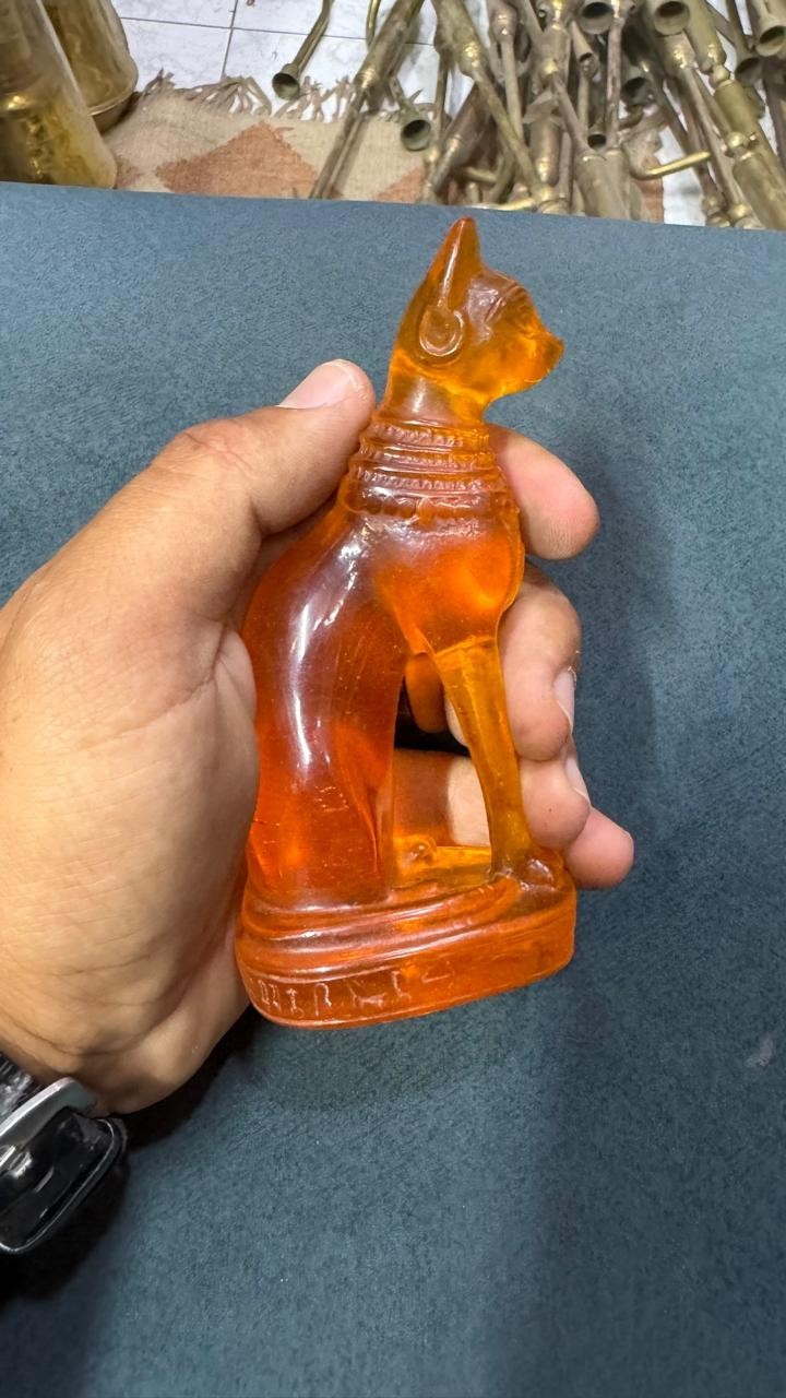 RARE ANCIENT EGYPTIAN ANTIQUITIES Statue Goddess Bastet Cat Made Amber Stone BC