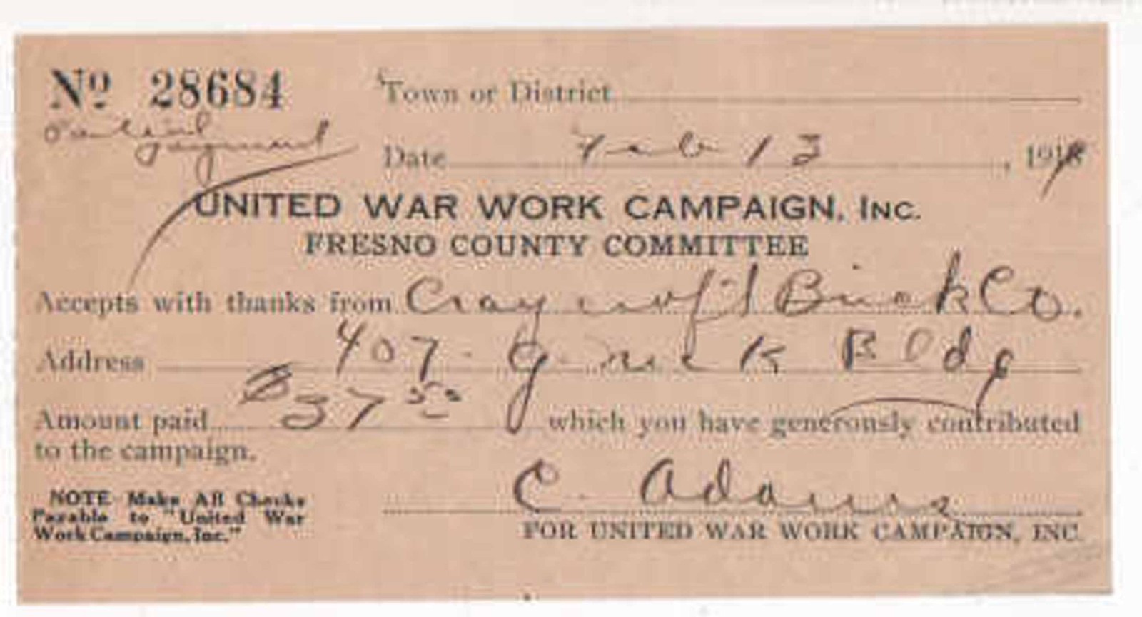 WWI 1917-19 FRESNO COUNTY WAR FUND COMMITTEE LETTER +WAR WORK CAMPAIGN DOCS