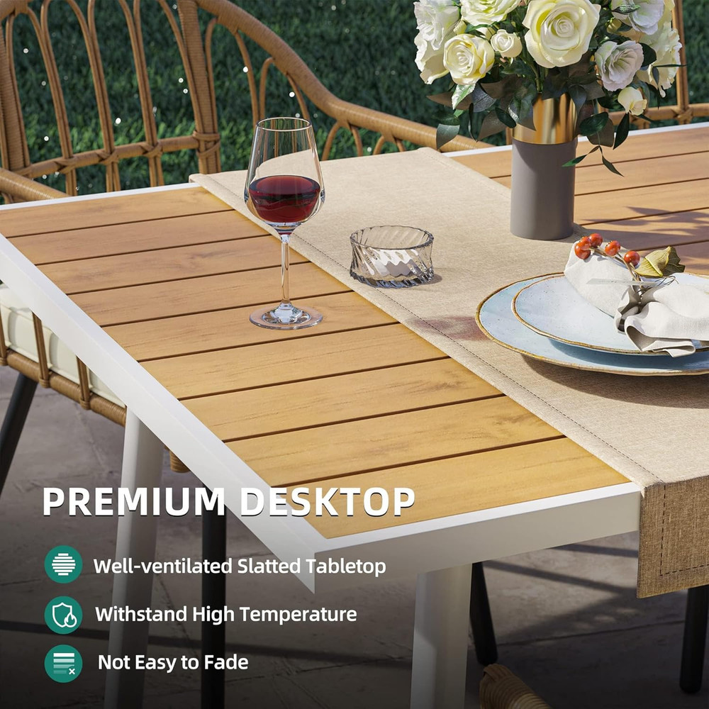 Patio Table Rectangle 59" for 6 Outdoor Table with Umbrella Hole & Adjustable Fe