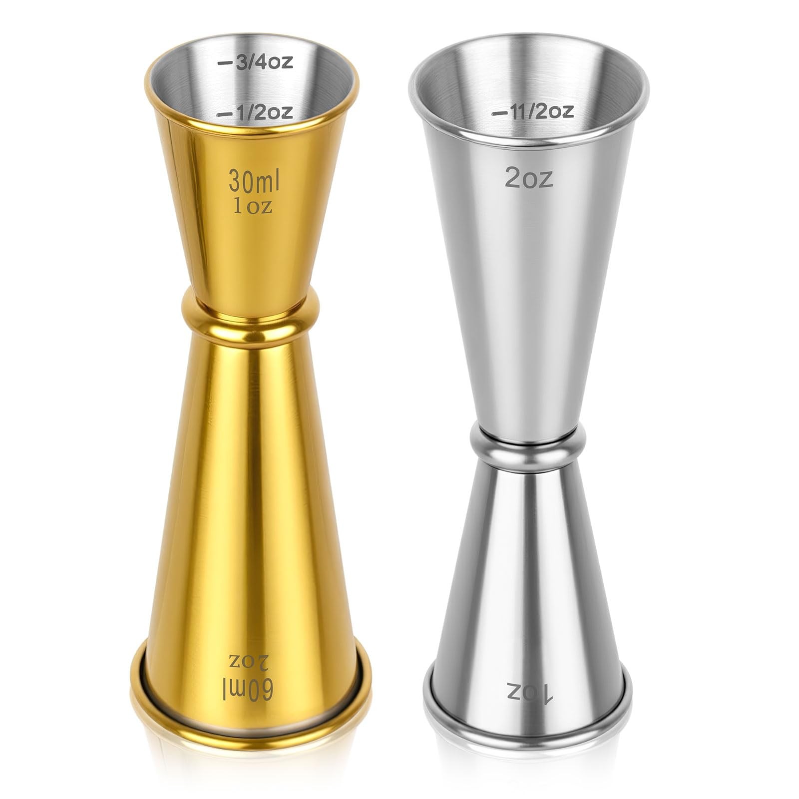 2 Pack Jigger for Bartending, 2 OZ 1 Double Shot Standard, Gold & Silver