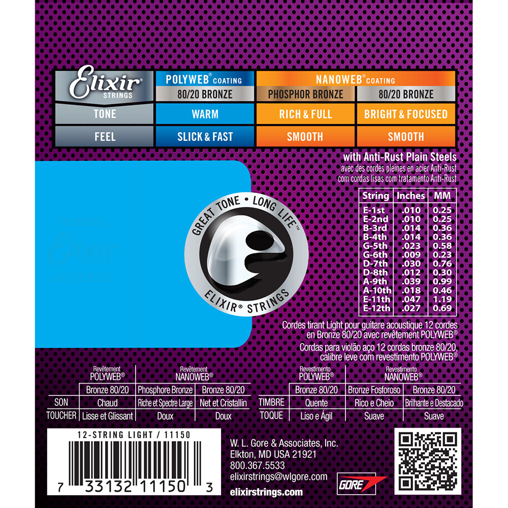Elixir 11150 Polyweb 80/20 Bronze Light 12-String Acoustic Guitar Strings 10-47