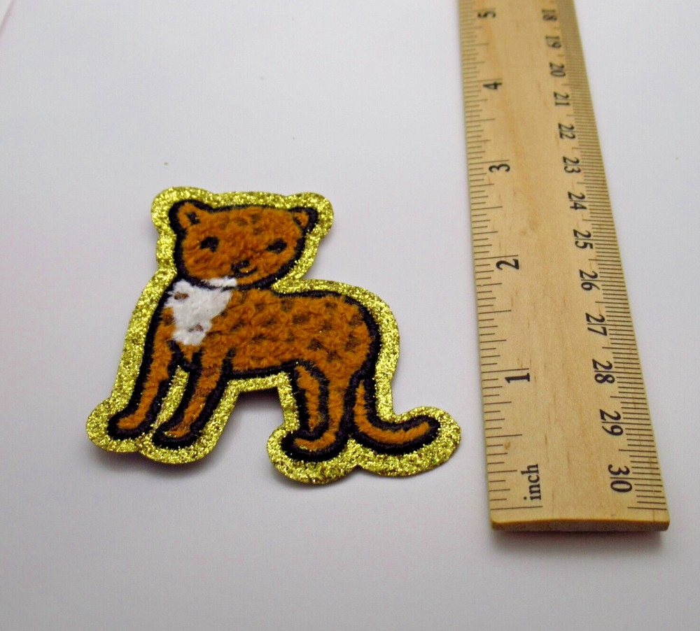 Leopard Patch Iron On Cat Embroidered Spots Gold Glitter Border