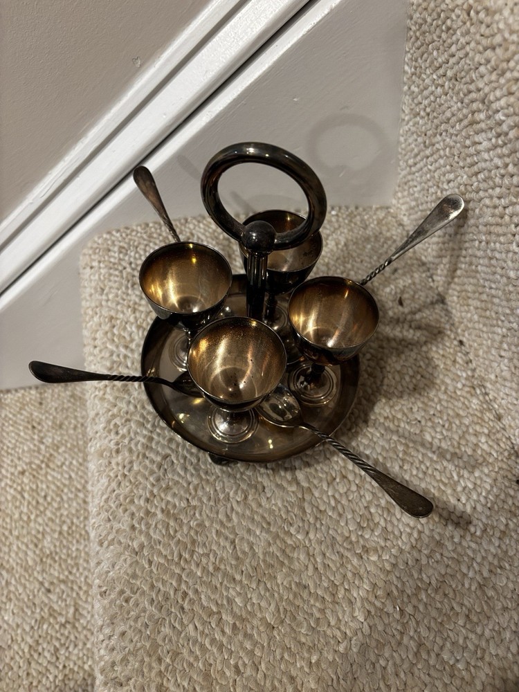 Antique Silver Plated 4 Egg Cups Holder Set With Spoons