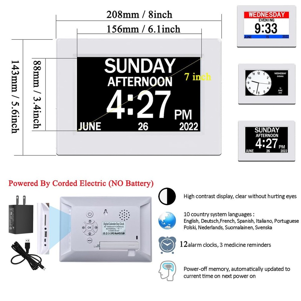 AINFTIME DST Clock with Day and Date for Elderly-3 Display Digital Calendar A...