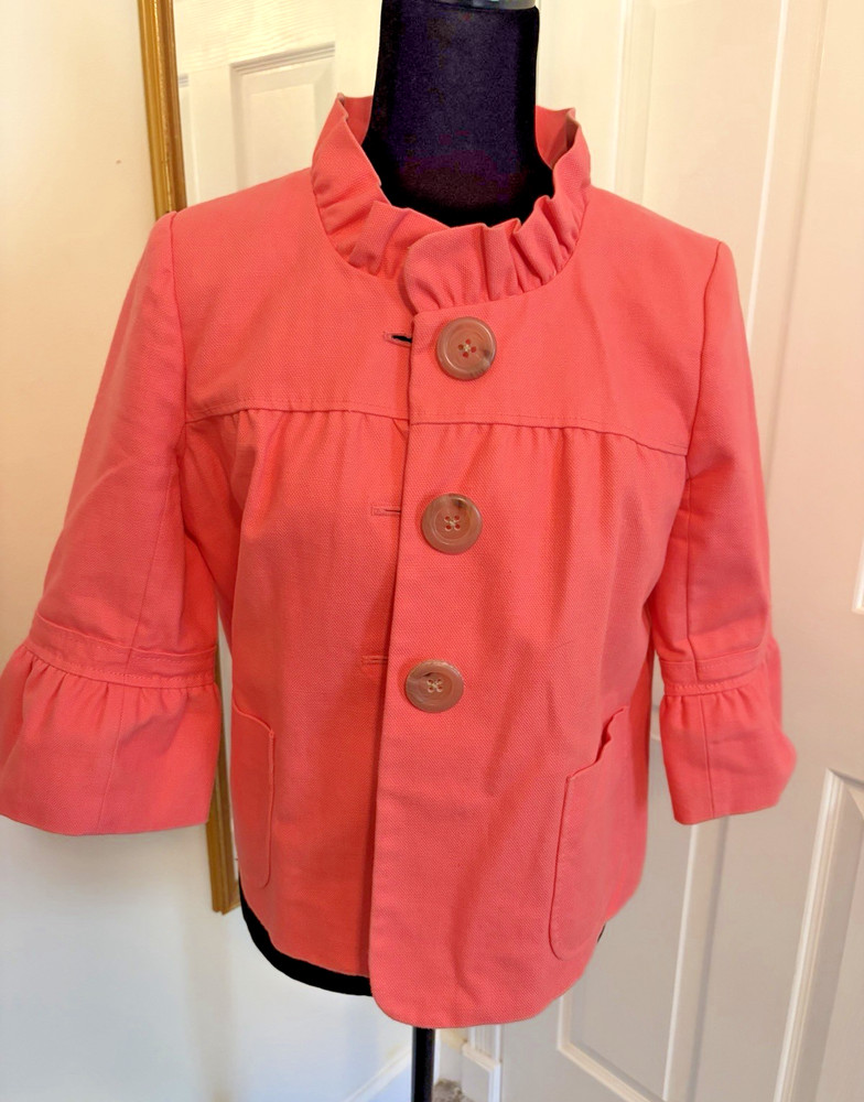 J.Crew Ruffle Jacket Cropped 3/4 Sleeve Button Front Coral Pink Size 6 Statement