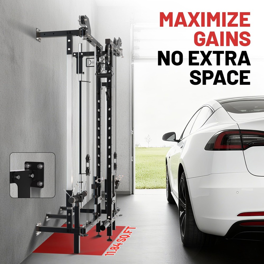 Wall Mount Smith Machine Folding Power Rack w/Pulley System Squat Rack Power Cag