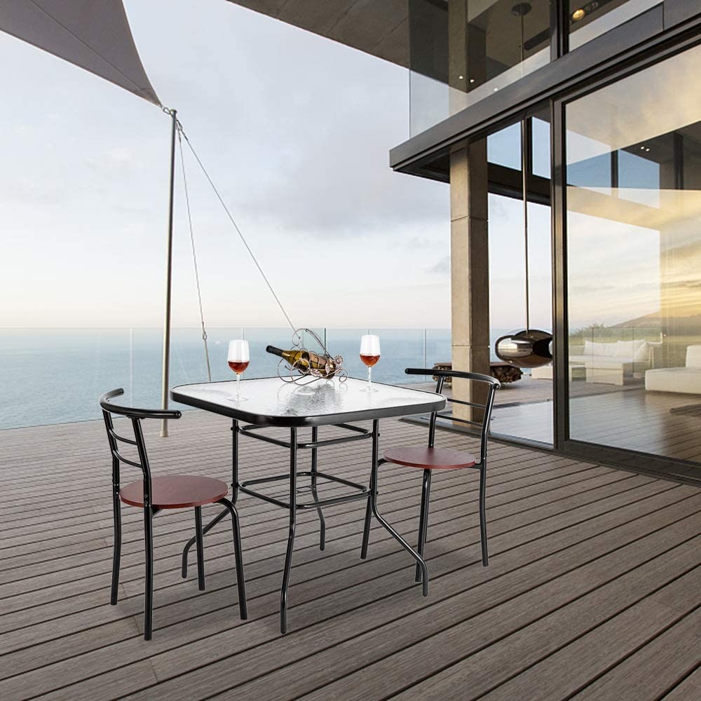 Dark Chocolate Outdoor Dining Table Square Glass Table for Garden Pool Side Deck