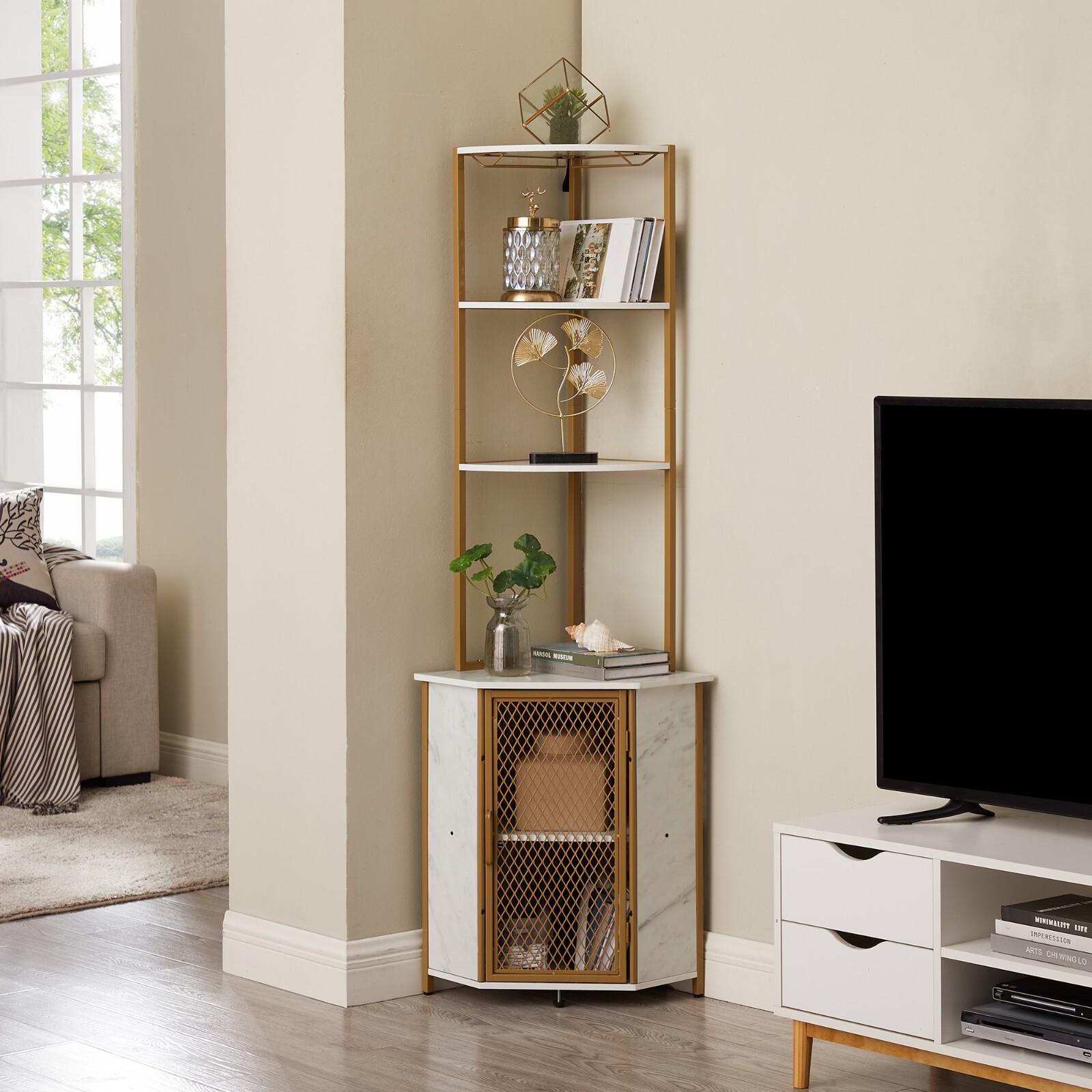 5-Tier Corner Shelf Tall Bookcase Storage Cabinet with Wine Rack Display Rack