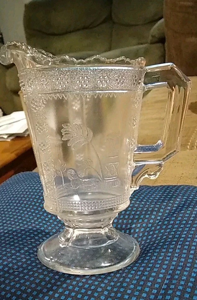 Embossed Footed Glass Pitcher with Pyramid & Sphinx