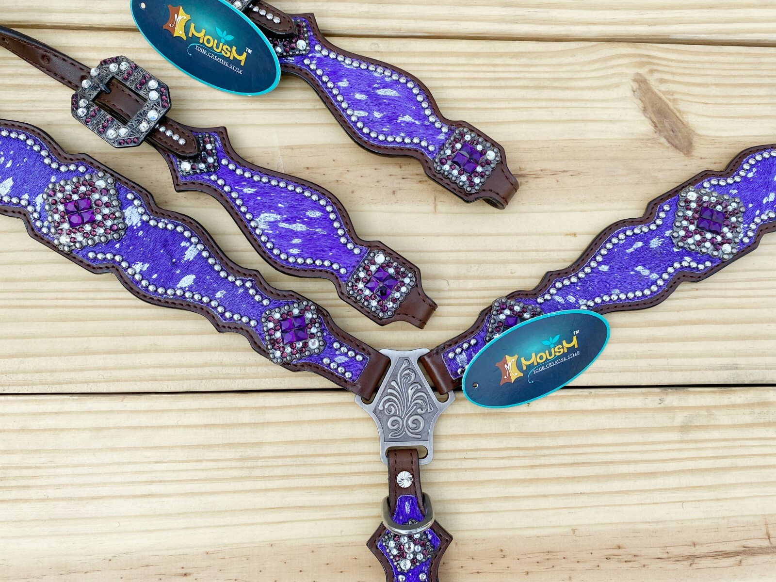 MOUSM Western Leather Headstall and Breast Collar Tack Set for Horses - Purple