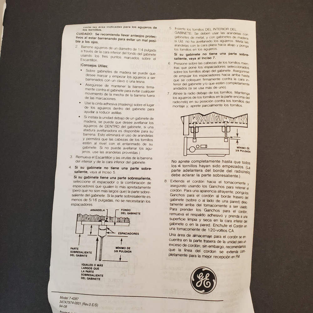 GE Spacemaker AM FM Cassette Model 7-4275 Mounting Hardware & Instructions Only