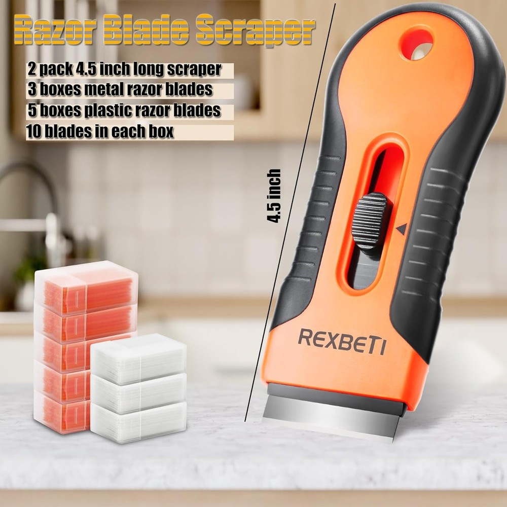 REXBETI Razor Blade Scraper Tool, 2 Pack Razor Scraper Set with Extra 80Pcs Razo