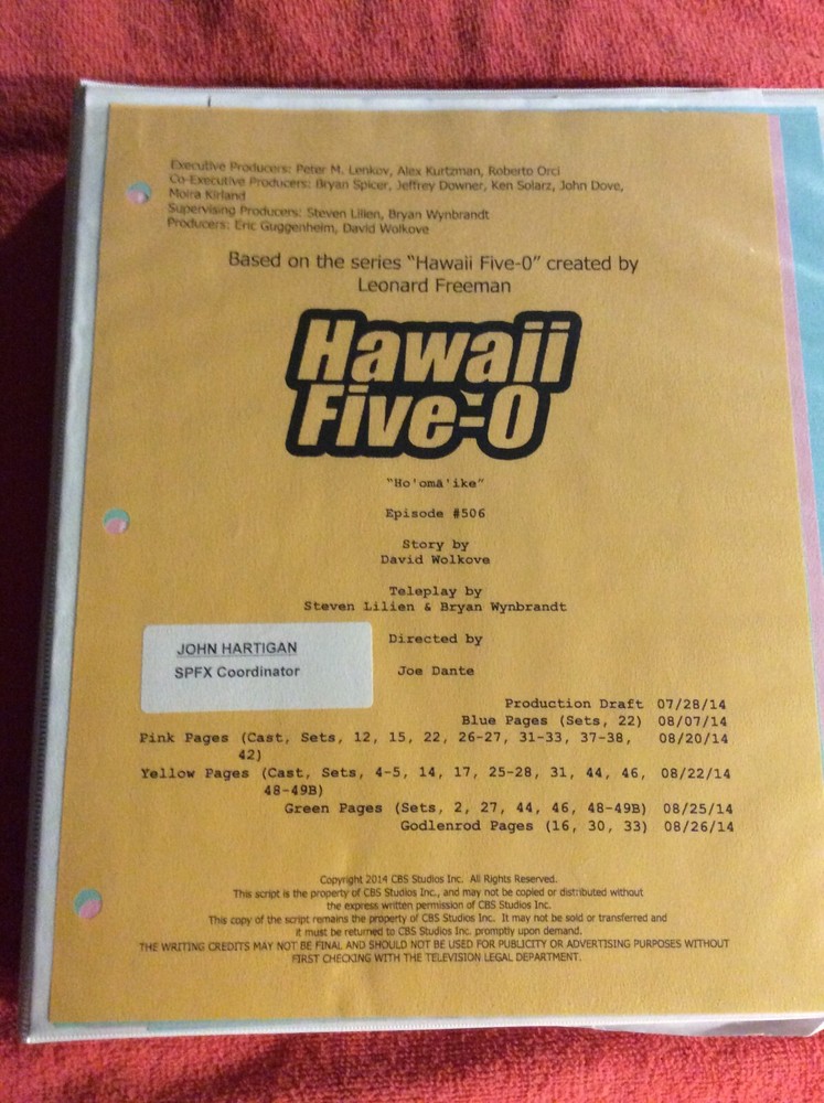 HAWAII FIVE-O ORIGINAL SCRIPT 506 NOTES SCHEDULE + 2014 HO' OMA IKE